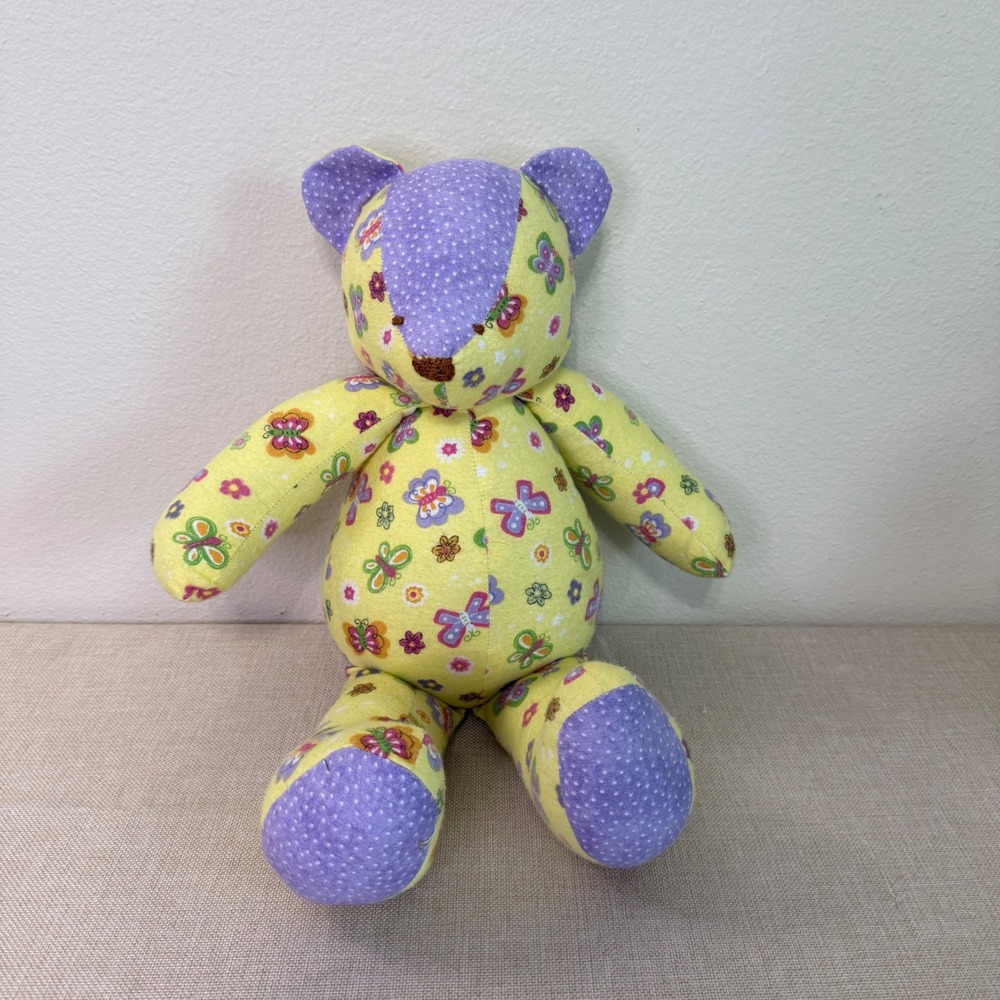 Handmade Quilted Memory Bear Yellow Butterfly Floral Purple Polka Dot Plush 12"